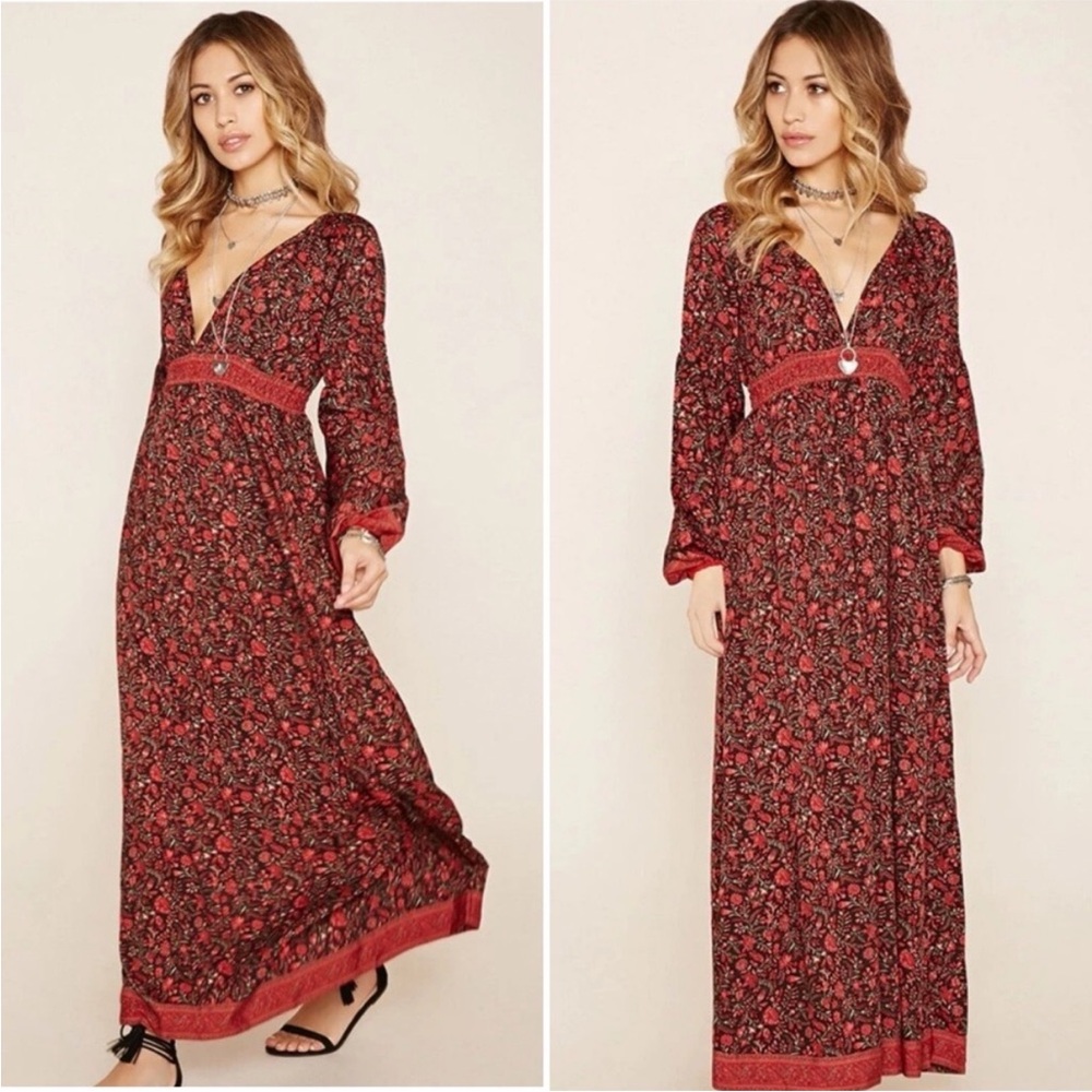 RAGA Red and Black Floral Maxi Dress plunge floral long sleeve midi boho